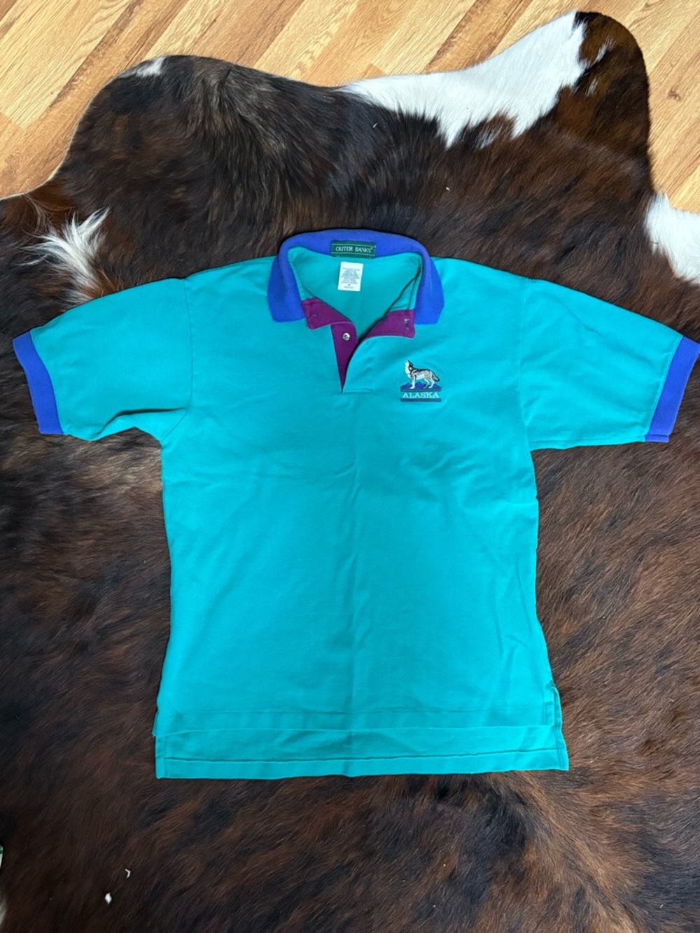 Alaska Embroidered Teal Polo Shirt with Purple Trim - Women Vintage